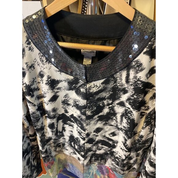 Chico's Geisha Girl Black White Sequined Neckline Colorful Sequin Hem Jacket - Picture 6 of 11